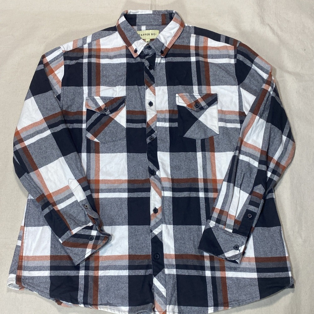Dapper Boi Men's Thick Flannel Black/White/Orange 100% Cotton Pockets Size XL